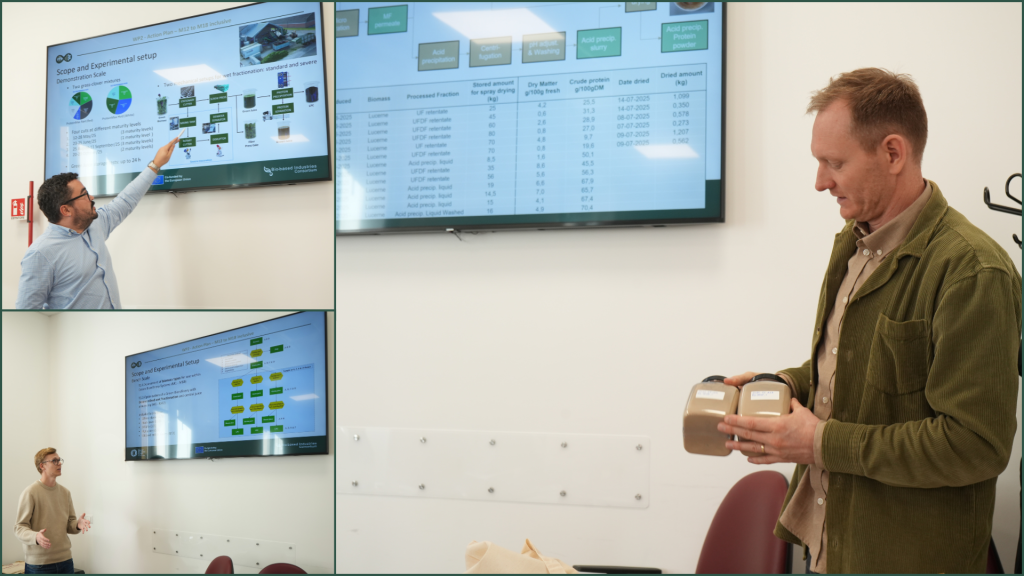 The team from CBIO introduce their first samples of white protein extracted from biorefined grass at the Rural BioReFarmeries GA in Rome